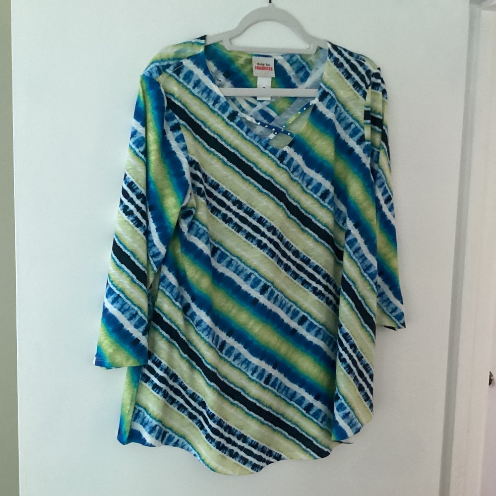 Ruby Road Large top/tunic, lime green, yellow, blues and white diagonal pattern